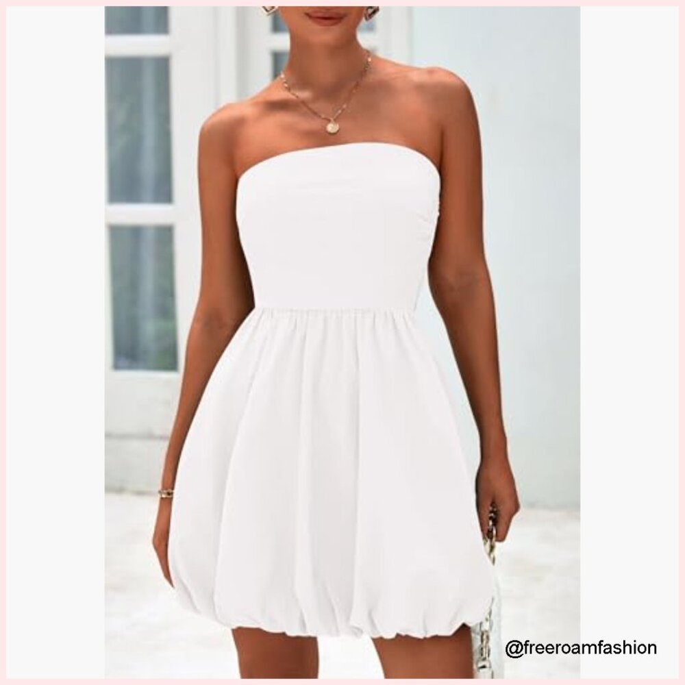 Strapless Mini Bubble Dress Smocked Back A-Line Sundress Summer Casual - Picture 6 of 7